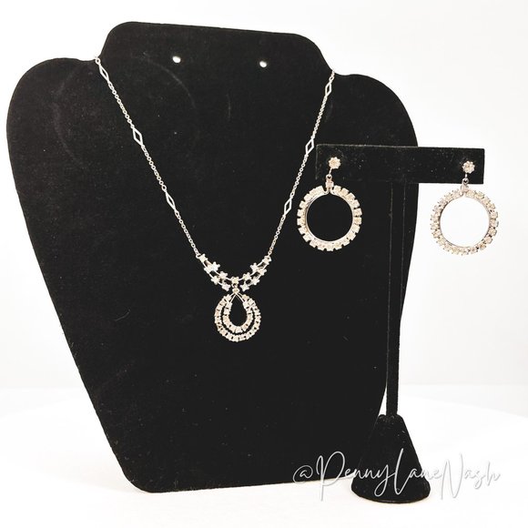 Vintage Dual Circle Rhinestone Pendant w/ Circle Earrings in Silver - Picture 1 of 12